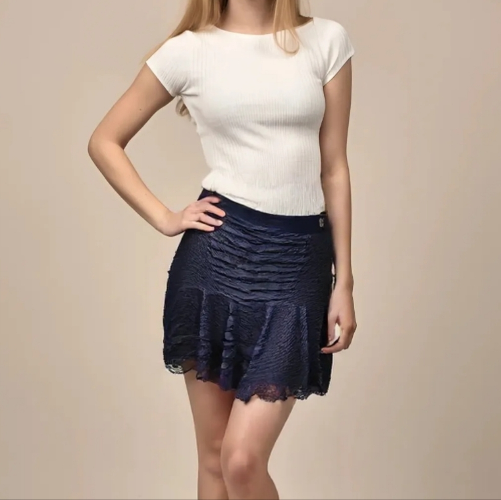 REISS Lucy Mini Skirt size USA 4 Navy Blue Snake Print Sheer Lined Zip Closure